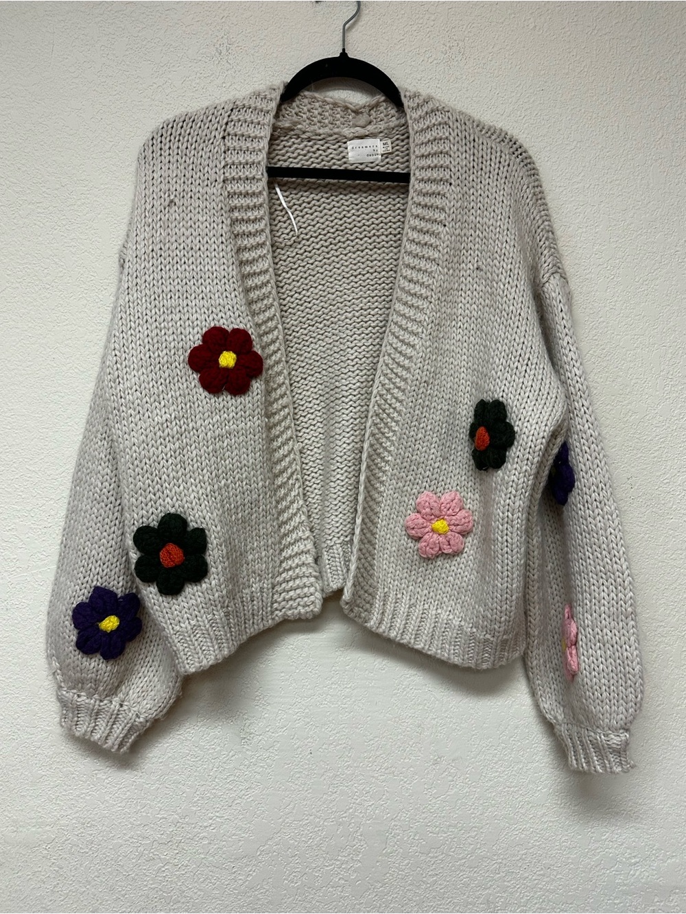 Dreamers Cream Open-Front Cardigan sweater with Multicolor Floral Appliqués m/L